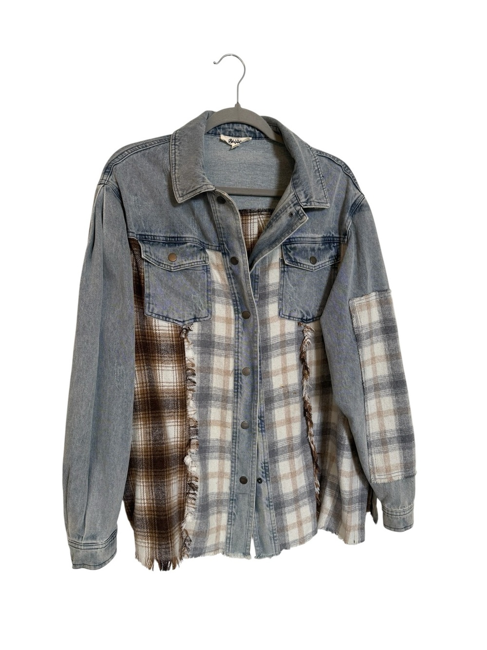 Oversized Plaid Panel Light Wash Denim Jacket